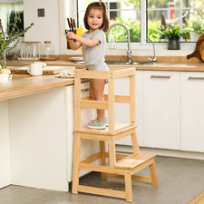 Kids Kitchen Step Stool for Kids with Safety Rail, Solid Wood Construction Toddl
