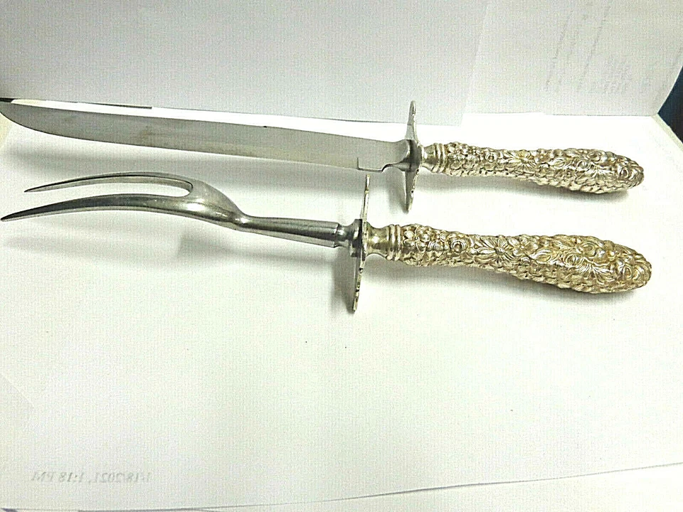 Juego de tallado Stieff plata esterlina repujado tamaño lg horquilla y cuchillo 11,50 pulgadas lg 2 piezas Foto 4 de 4