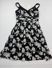 Ann Taylor Dress Womens 6 Black Floral Chiffon Fit Flare Ruched V Neck Sundress