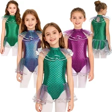 Girls Bodysuit With Arm Sleeves Jumpsuit Costume Leotard Mermaid Christmas Mesh