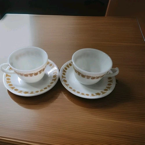 Set Of 2 Vintage Corning Ware Corelle Butterfly Gold Coffee Tea Cups & Saucers
