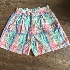 Woolrich Vintage 90s Pastel Plaid Cotton Pleated High Waisted Shorts Pink Teal