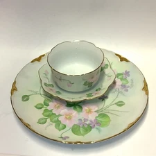 Painted Condiment Bowl w Underplate Pink Flowers Matching Gold Trim Dinner Plate