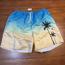 Board Shorts Men's Blue Yellow Tropical Palm Tree Mesh Lined Drawstring Swimwear