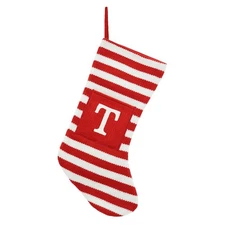 Letter T Striped Monogram Stocking Red/White Xmas Holiday Initial 19.5" At Home