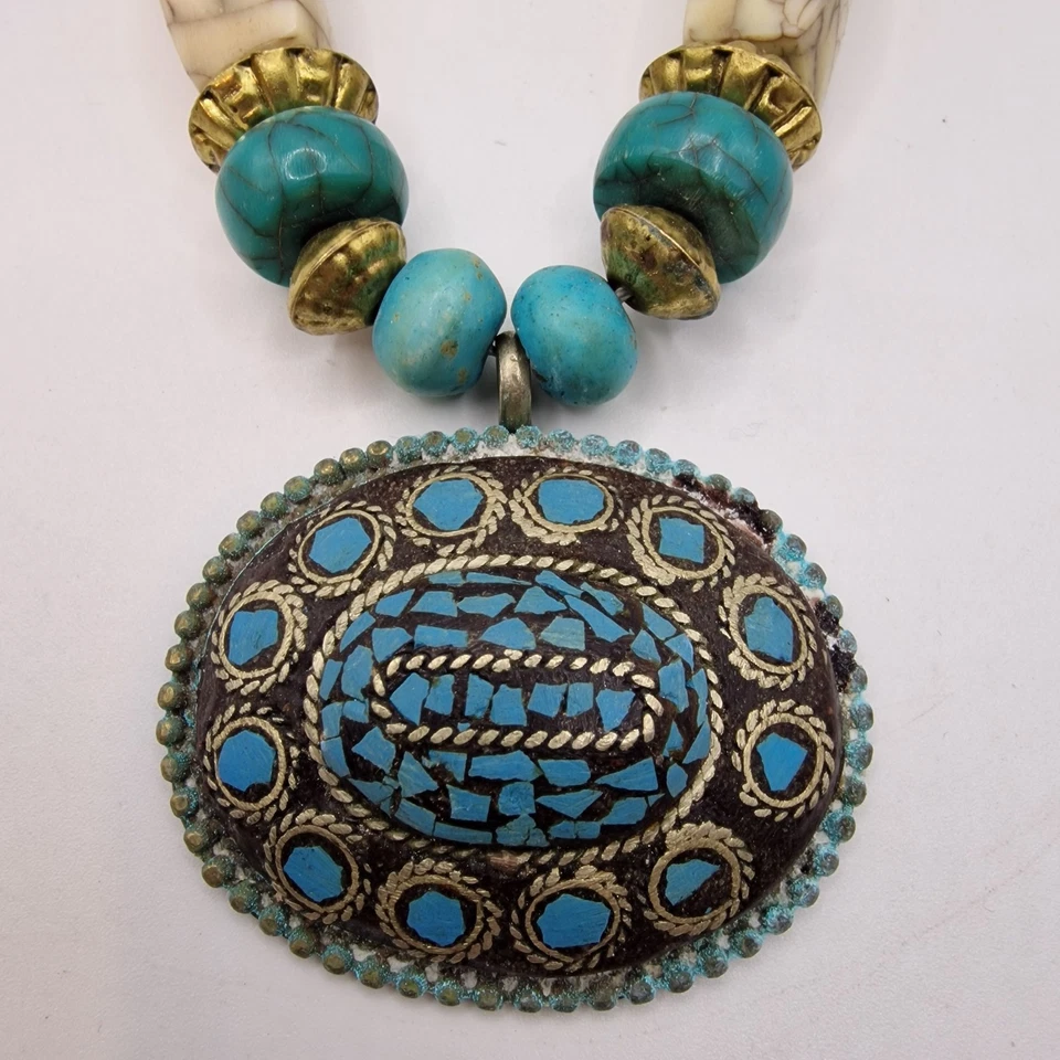 Collar TIBETANO NEPAL De Colección Turquesa Boho Étnico Tribal Declaración Grueso Babero Foto 2 de 4