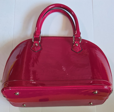 Women s Shiny Red Satchel Top Handle Bag, Zip, Striped Lining, Studded Feet