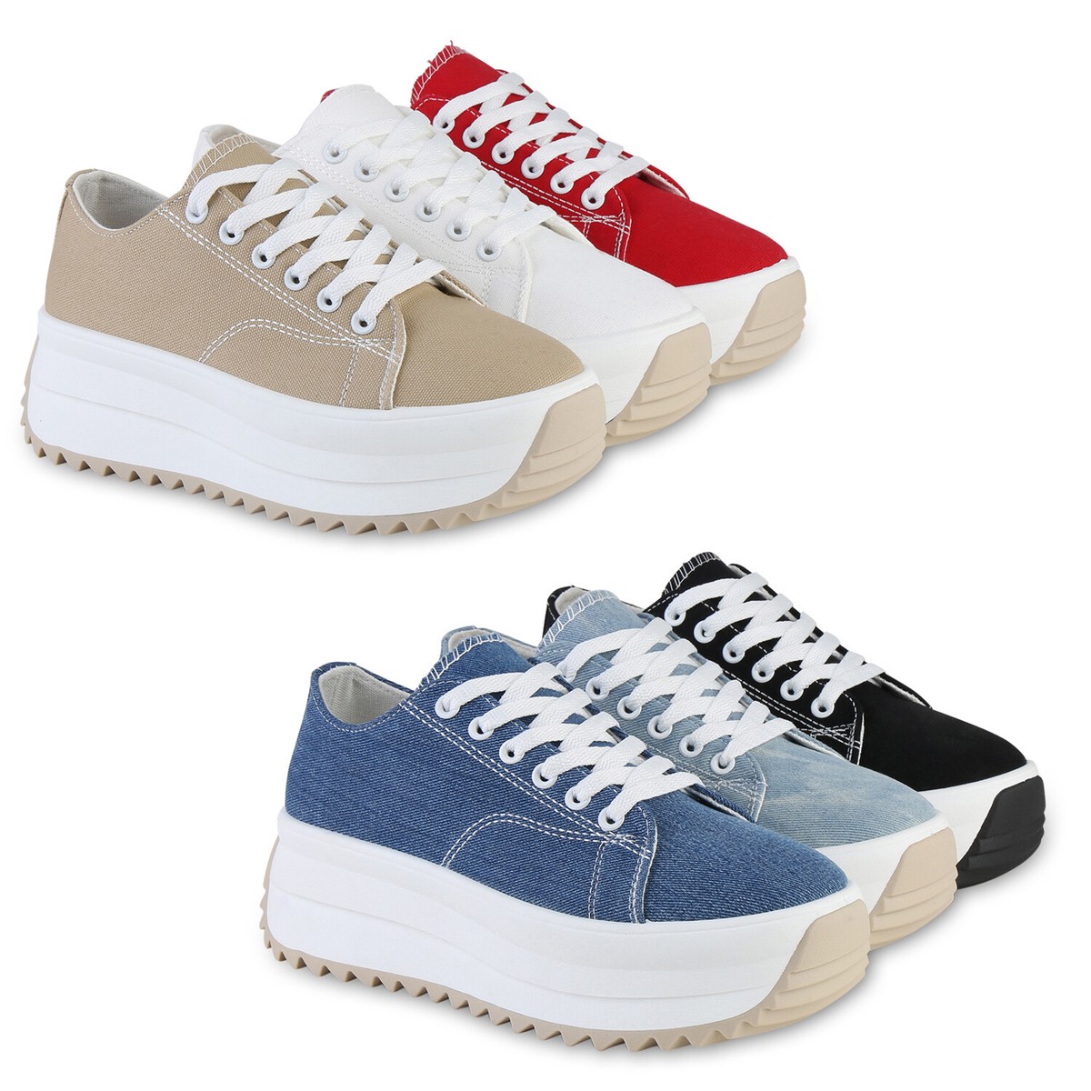 Damen Plateau Sneaker Schnürer Profil-Sohle Wedge Stoff 841133