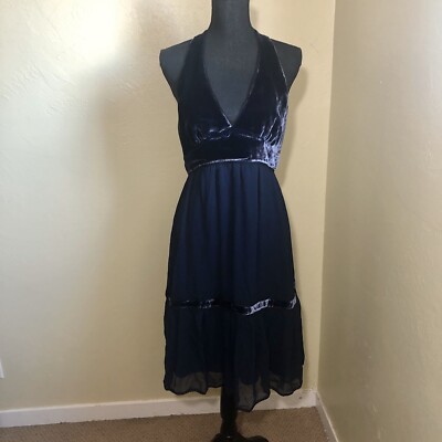 bcbg blue velvet dress BCBGMAXAZRIA Navy Halter Silk Medium Holiday Cocktail S1 90's Denim Slip Midi