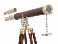 Antique Nautical Floor Standing Brass 39" Telescope With Wooden Tripod Stand