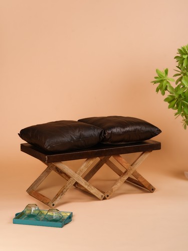 Handmade Eco-Friendly Solid Wood & Leather Brown Rectangle Stool 40