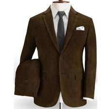 Men Corduroy Suit Dark Brown Notch Lapel Blazer Prom Party Casual Tuxedo Suit