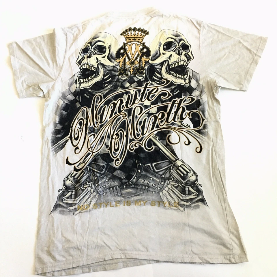 Minute Mirth Skull Men’s Brown Shirt Front Back Print Size Large - Image 3 of 4