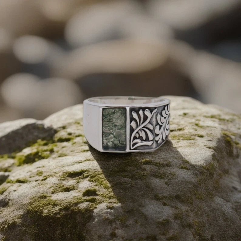 Natural Moss Agate Men's Ring Solid 925 Sterling Silver Ring Signet Ring
Opens in a new window or ta