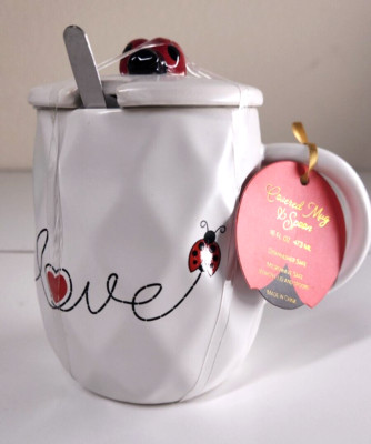 Katie Mandy Love Covered Mug w/ Lid & Spoon 16oz Ladybug Design Valentine's Day