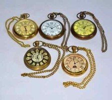 Antique Vintage Maritime Brass Pocket Watch with Brass Chain Set of Five Gift