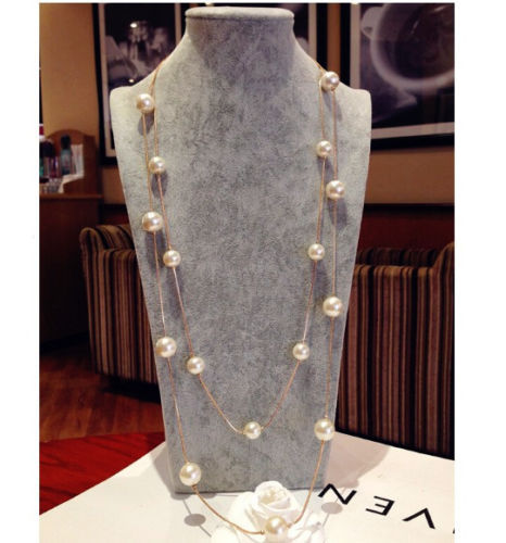 Collana lunga di perle finte 2 in 1 doppio filo tono oro/argento - Foto 1 di 6