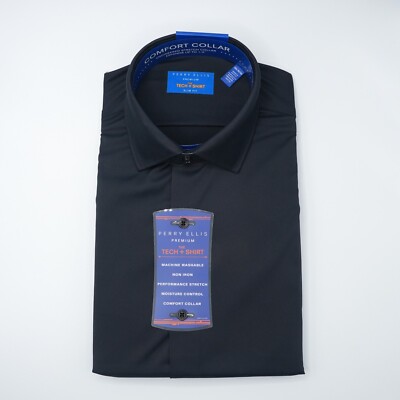 Perry Ellis Mens Dress Shirt 15.5 32/33 SLIM FIT Black Solid Non-Iron NWT $69.50
