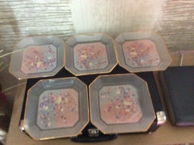 5 X SCHÖNE VINTAGE FLORALE GLASPLATTE MIT GOLDRAND - SECHSECKFORM PLATTEN