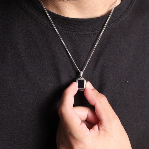 Onyx Pendant Chain Necklace Stainless Steel Black Gemstone Pendant - Picture 3 of 5