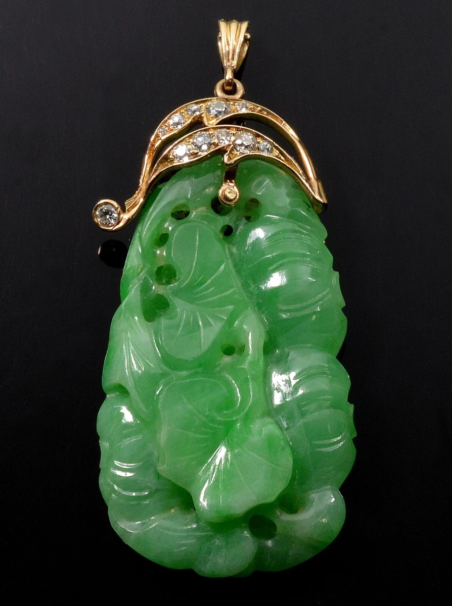 ANTIQUE ART DECO 14K GOLD DIAMOND JADEITE JADE PENDANT C.1920