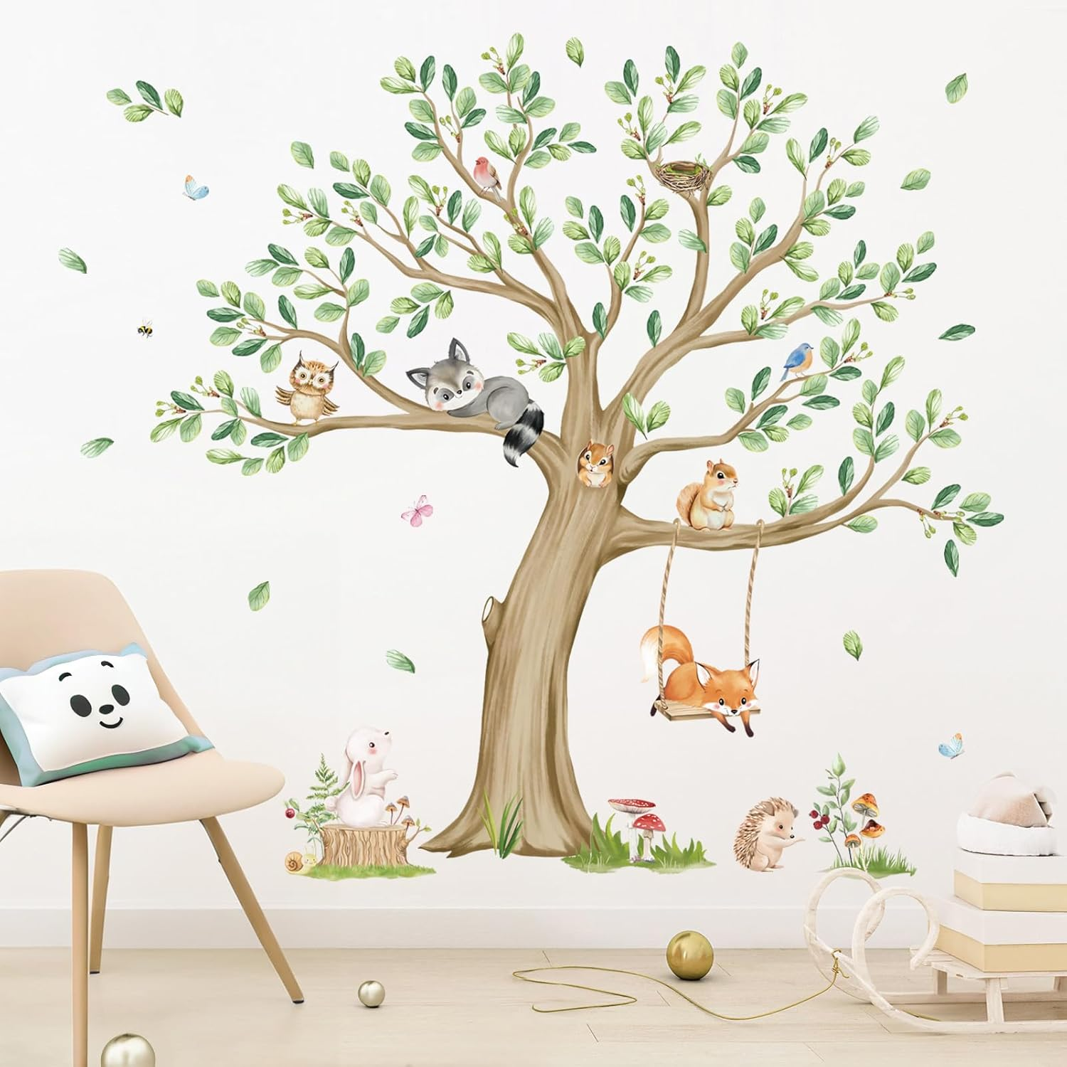 Kids Animal Tree Wall Decals with Fox and Owl Peel & Stick Art  