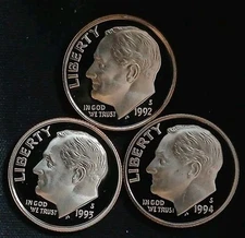1992, 93 & 94-S Proof Roosevelt Dime Lot- 3 Coins ~ Well Struck ~ Free Shipping!