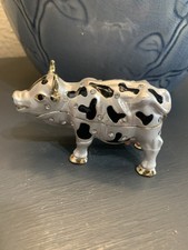 Vtg Enamel Cow Hinged Trinket Box Rhinestones 