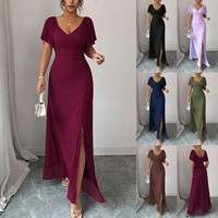 Ladies Evening Party V Neck Ruffles Dress Formal Bodycon Split Maxi Dresses SIZE