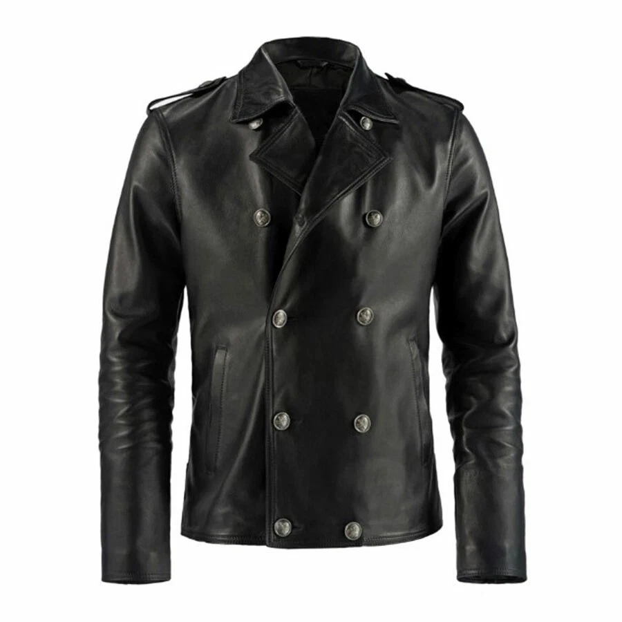 Black Leather Jacket Men Biker Motorcycle Military Size S M L XL XXL Custom -302