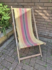 Vintage Wooden Deck Chair Fold Flat Beach Garden Allotment Traditional Striped