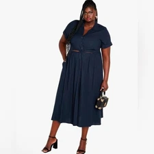 City Chic Women's 16 Plus Size Dress Malia Linen Blend Navy Blue Dress