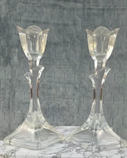 Pair of Tuscany Tulip Candlesticks Lead Crystal Clear Candle Holders Vintage- W1