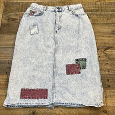 Vintage 80s Gitano Women Acid Wash 100 Cotton Denim Skirt W/Patches Sz 8 28.5 