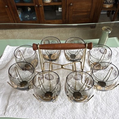 Mid-Century Roly Poly Rock Glasses & Holder King Coin Set- 9 Piece 