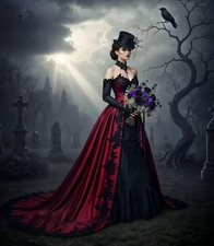 Vampire Gothic Wedding Dress Dark Red With Black A-Line Long Bridal Gowns