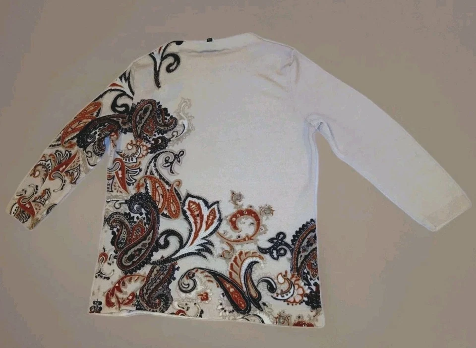 Talbots 纯美利奴羊毛毛衣中号佩斯利奶油色棕色波西米亚假日时尚 — 第 3/4 张图片