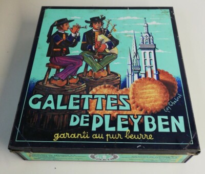 Vintage Metal Tin Box Cylindrical Pleyben Galettes Louis Le Seac'h Biscuit