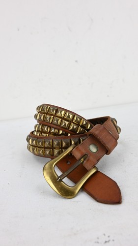 Vintage brass studded belt with cognac strap size 36 - Picture 2 of 6