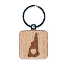 New Hampshire State with Heart Engraved Wood Square Keychain Tag Charm