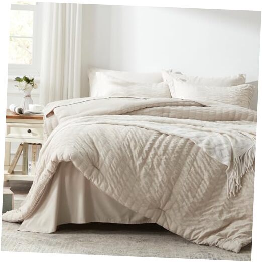 Comforter Set 7 Pieces, Beige Seersucker Bed in a Bag with Queen 02 - Beige-image
