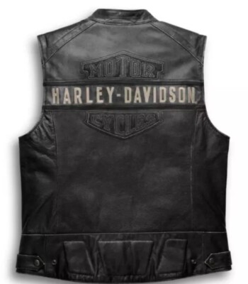 Distressed Black Harley Motorcycle Passing Link Sleeveless Cowhide Leather Vest
