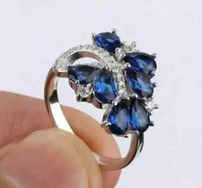 2.30Ct Pear Lab Created Blue Sapphire Cluster Wedding Ring 14K White Gold Plated