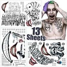 13 Sheets Joker Tattoos Halloween Temporary Tattoos for Men Suicide Squad Fake