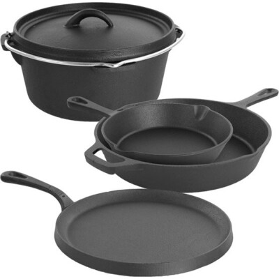 MegaChef Pre-Seasoned Cast Iron 5-Piece Kitchen Cookware Set Pots and Pans NEW
