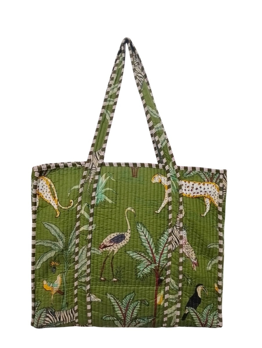 Indian Green Jungle Tote Bags Quilted Handmade Cotton Large Shoulder Tote  Bags