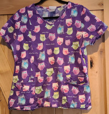 Woman's Size M Scrub Top Scrubstar Purple with Multicolored Owls, 100 cotton
