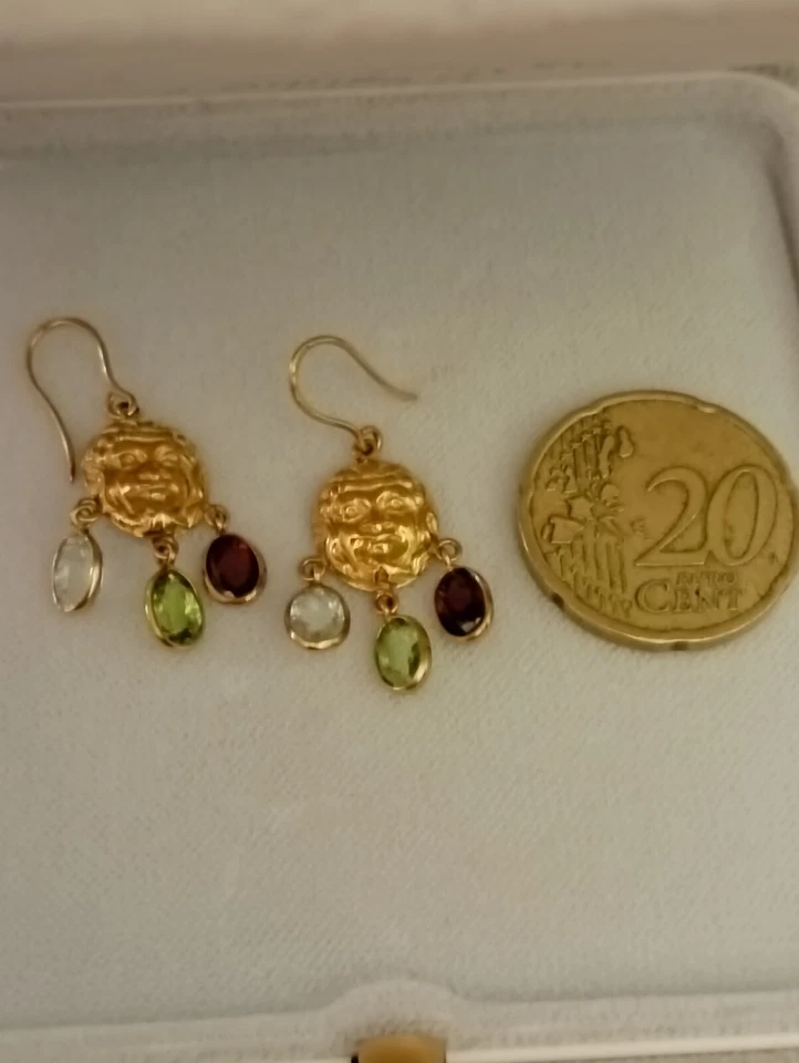 Orecchini In Oro Giallo 18 Kt Con Acqua Marina, Avventurina E Granato - Immagine 2 di 3