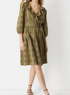 sage green eyelet dress ASOS DESIGN eyelet puff sleeve midi tea dress with shirred waist in sage green