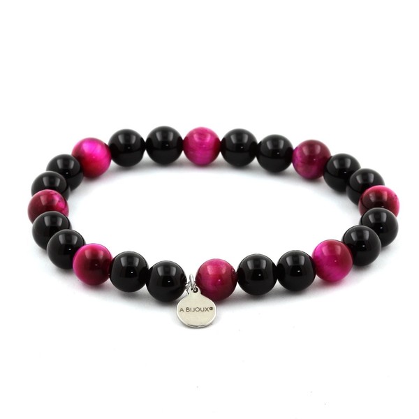 Armband Perlen Tigerauge Fuchsia + Schwarzer Achat 8 Mm. Made In Frankreich-image